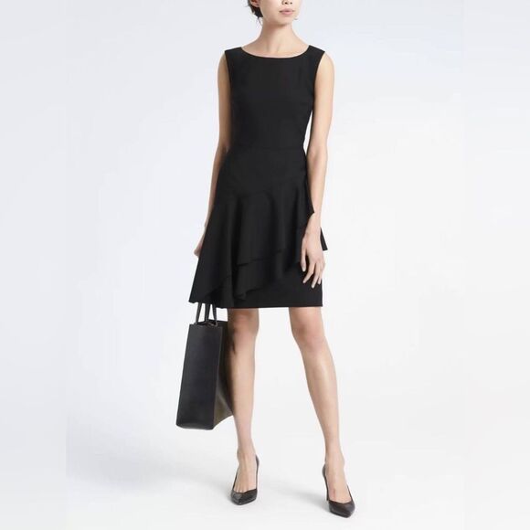 Banana Republic Wool Black Ruffle Flounce Dress Womens Size 6 Petite - Picture 1 of 9